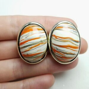 Vintage Orange and White Marble Design Oval Stud Earrings Retro 80s Style Estate
